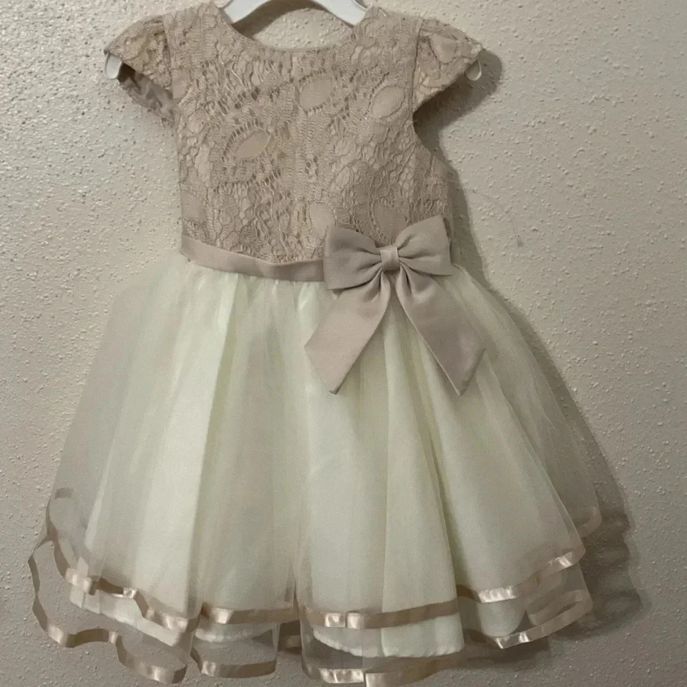 Rare Editions Lace & Taffeta Taupe Little Girls Formal Dress Size 24 Months NWT